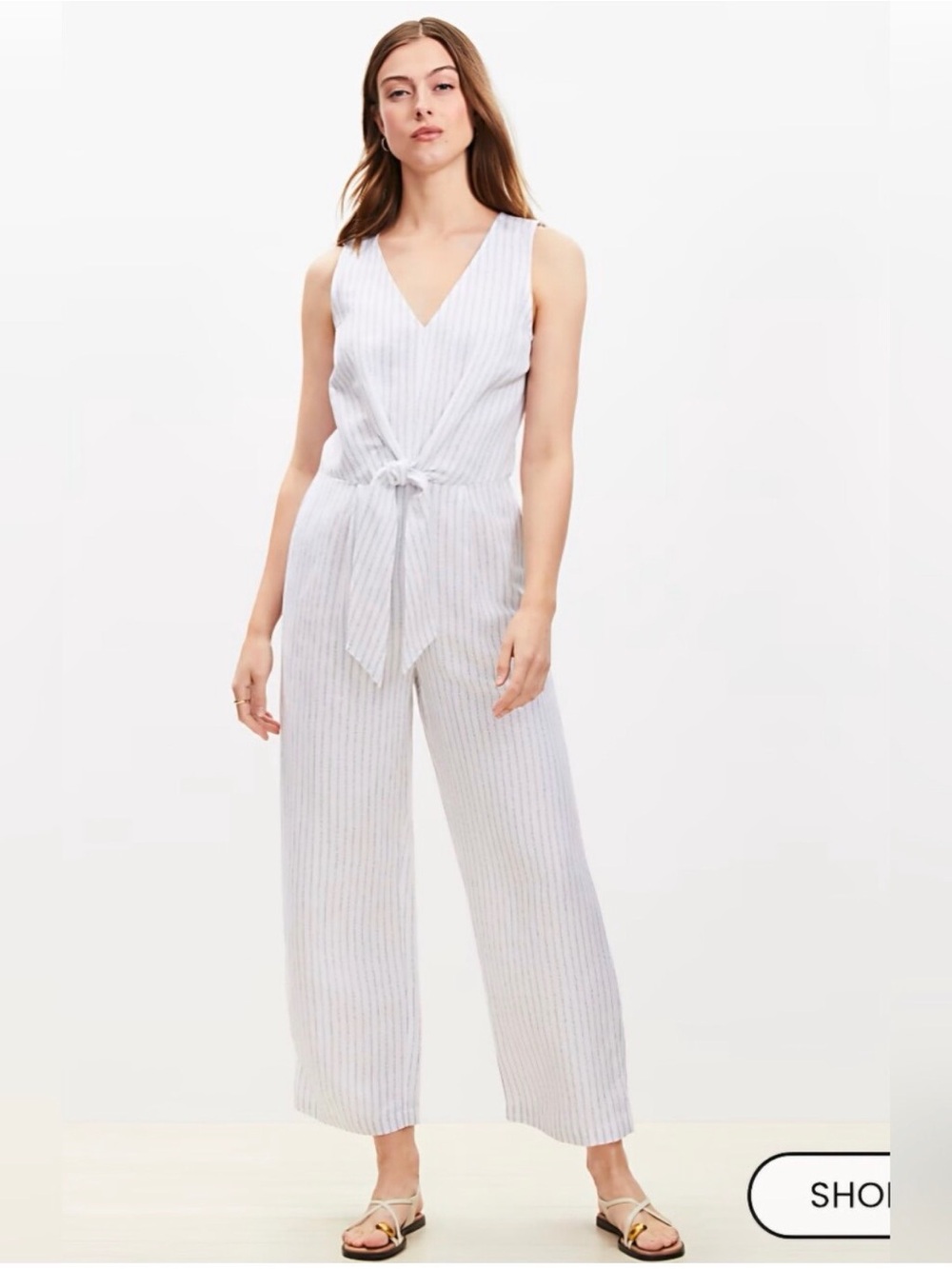 LOFT Sleeveless V-Neck Tie-Waist Linen Jumpsuit Size 6 NWT